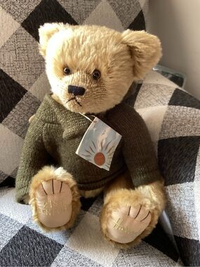 Harrods 21st Century tan teddy bear with olive green sweater gold logo